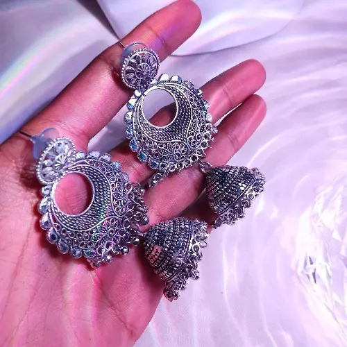 Oxidized Chandbali Jhumka Earrings